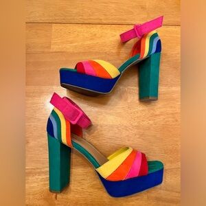 Bamboo Rainbow Suede Peep Toe Pumps